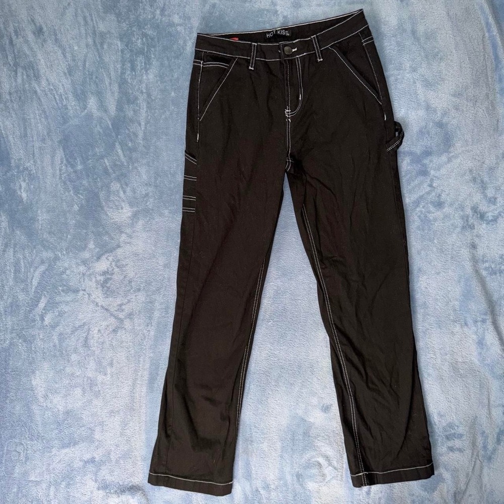 Y2K Hot Kiss black straight leg pants with white stitching